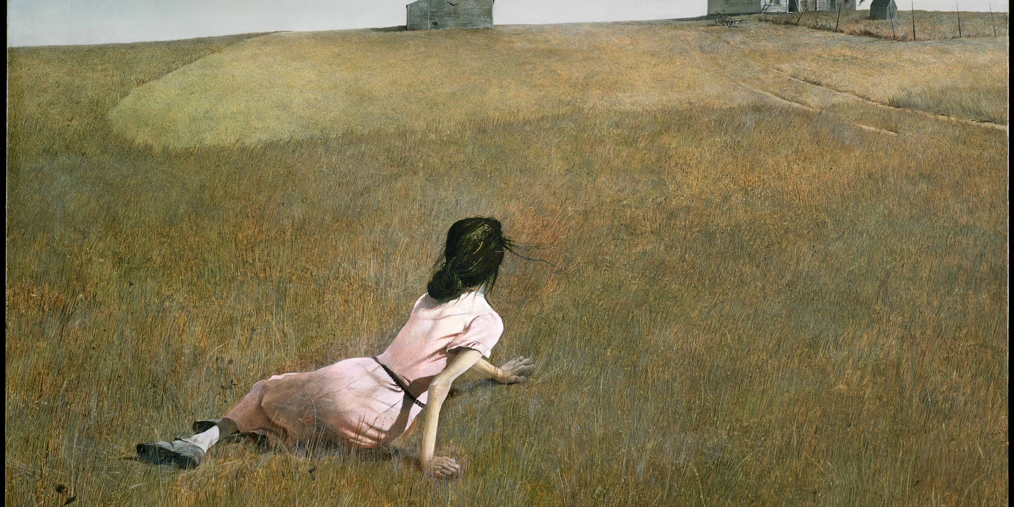 A young woman seen from behind, wearing a pink dress and lying or crawling in a grassy field.