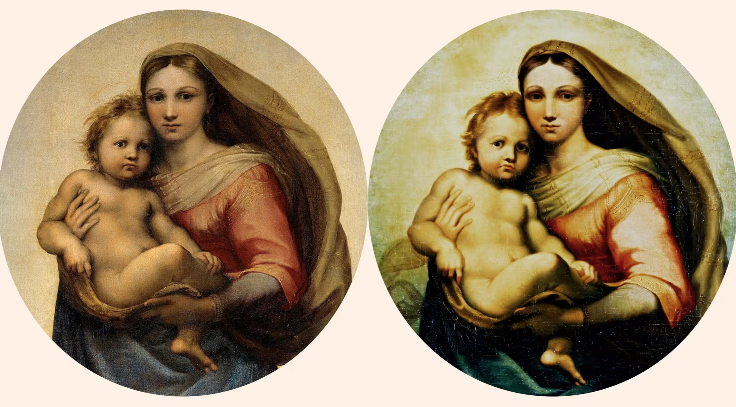 Left: detail from &lsquo;The Sistine Madonna&rsquo; (c1512) by Raphael. Right: the de Brécy Tondo