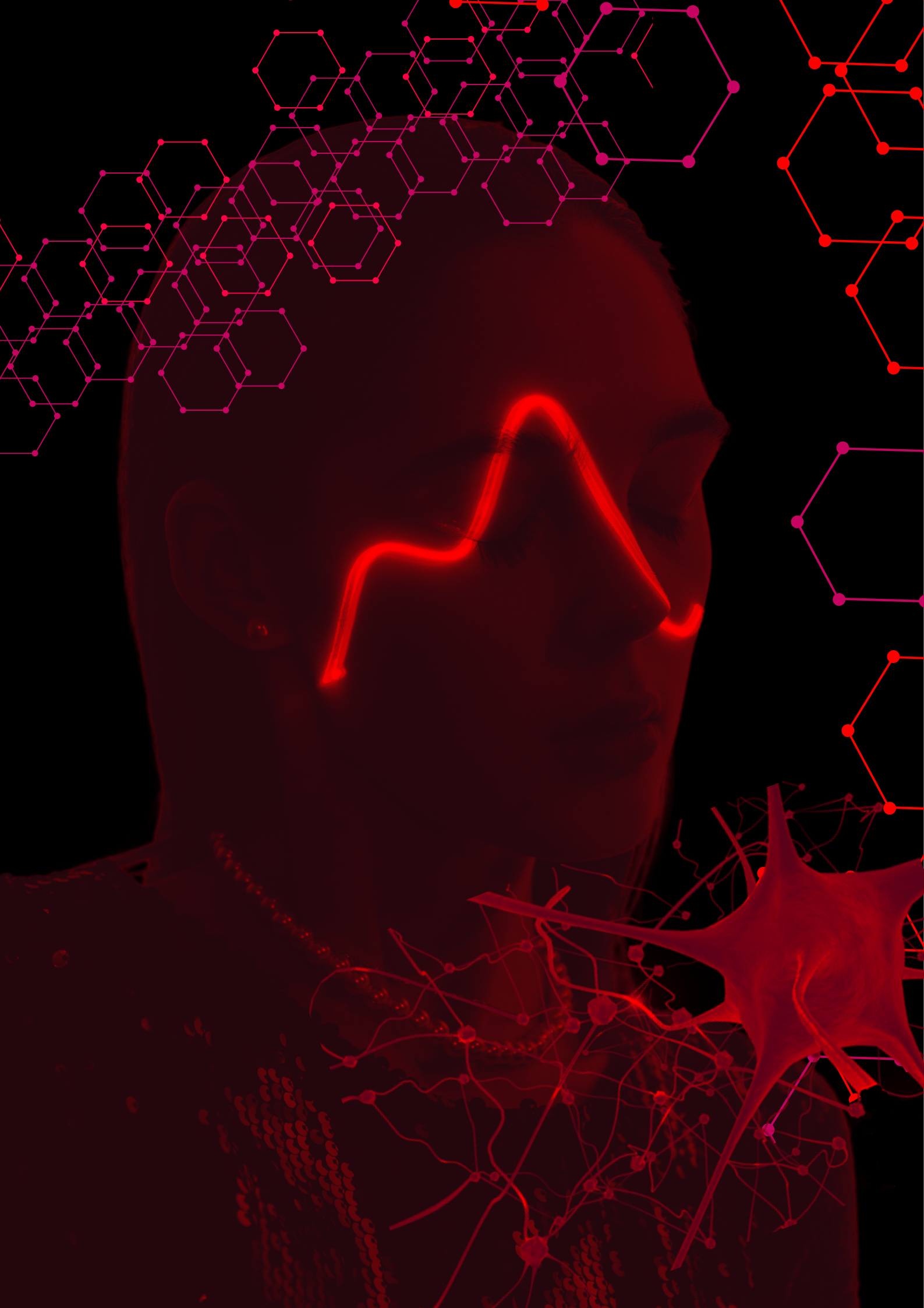 A red-toned figure in profile, overlaid with a neural signal waveform, hexagonal molecular structures, and a branching neuron