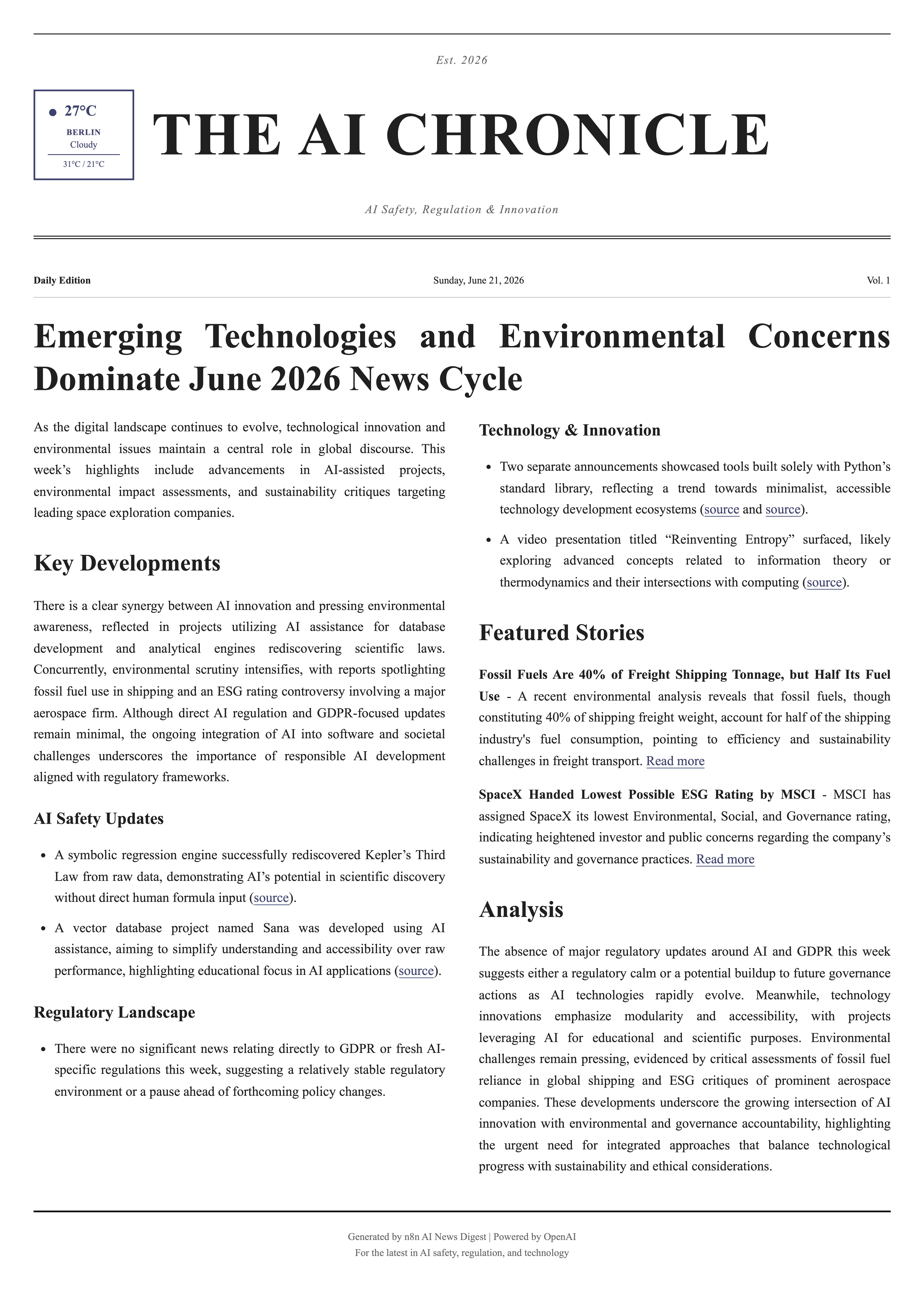 First iteration — plain RSS digest on GDPR, AI Act, and AI Safety news + a simple weather widget